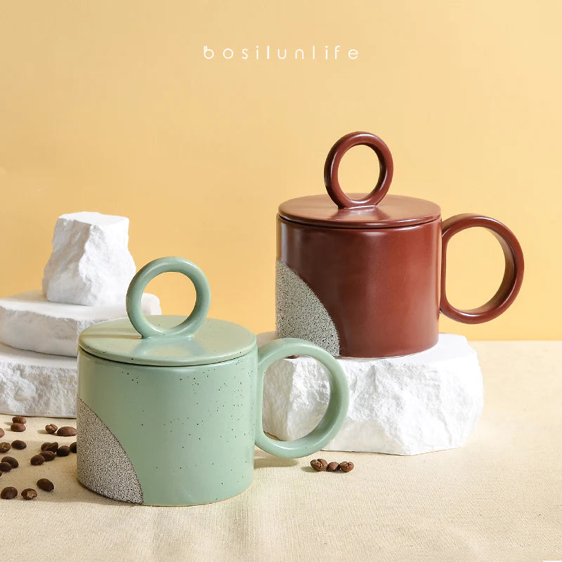 BOUSILUNLIFE NORDIC MOMENTS MUG WITH LID + BUBBLE GLAZE/ROUND HANDLE