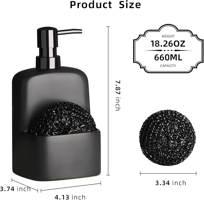 BosilunLife Dish Soap Dispenser - Black Ceramic Kitchen Soap Dispenser with Sponge Holder