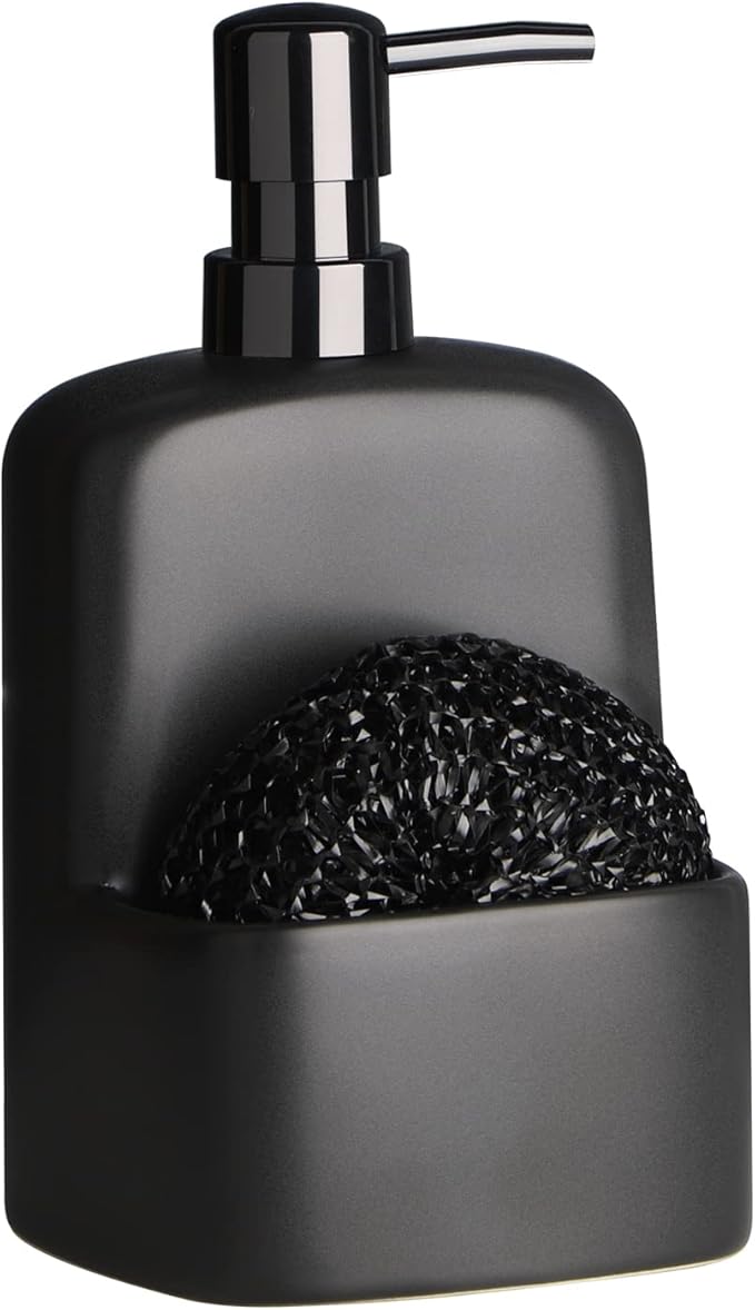 BosilunLife Dish Soap Dispenser - Black Ceramic Kitchen Soap Dispenser with Sponge Holder