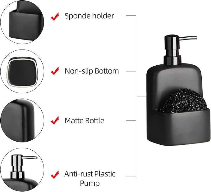 BosilunLife Dish Soap Dispenser - Black Ceramic Kitchen Soap Dispenser with Sponge Holder