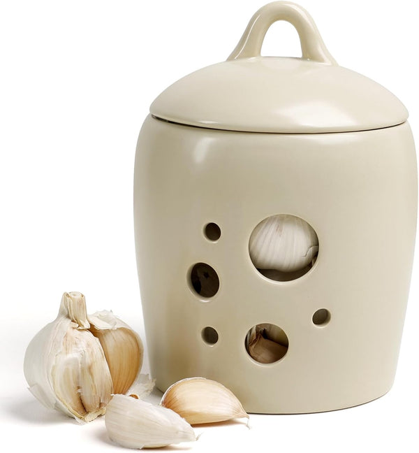 BosilunLife Garlic Keeper for Counter - Ceramic Garlic Storage Container with Lid Beige Garlic Holder Countertop for Kitchen Garlic Jar to Keep Your Garlic Cloves Fresh Longer