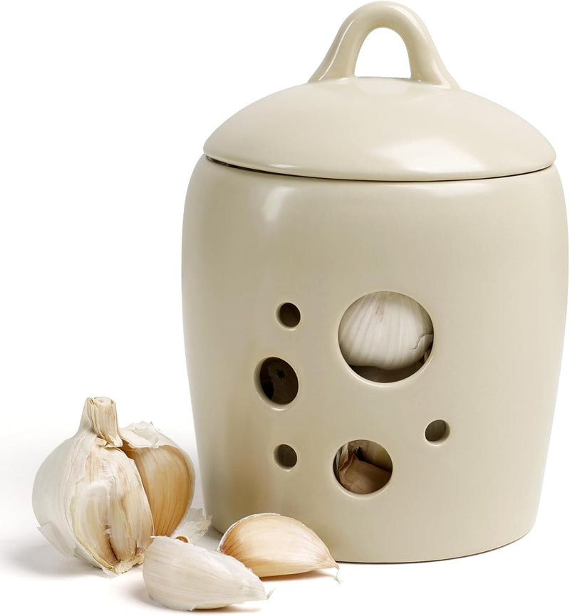 BosilunLife Garlic Keeper for Counter - Ceramic Garlic Storage Container with Lid Beige Garlic Holder Countertop for Kitchen Garlic Jar to Keep Your Garlic Cloves Fresh Longer