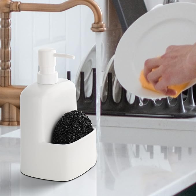 BosilunLife Dish Soap Dispenser - Black Ceramic Kitchen Soap Dispenser with Sponge Holder