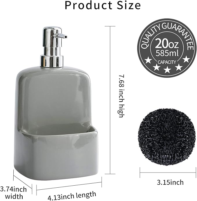 BosilunLife Dish Soap Dispenser - Black Ceramic Kitchen Soap Dispenser with Sponge Holder