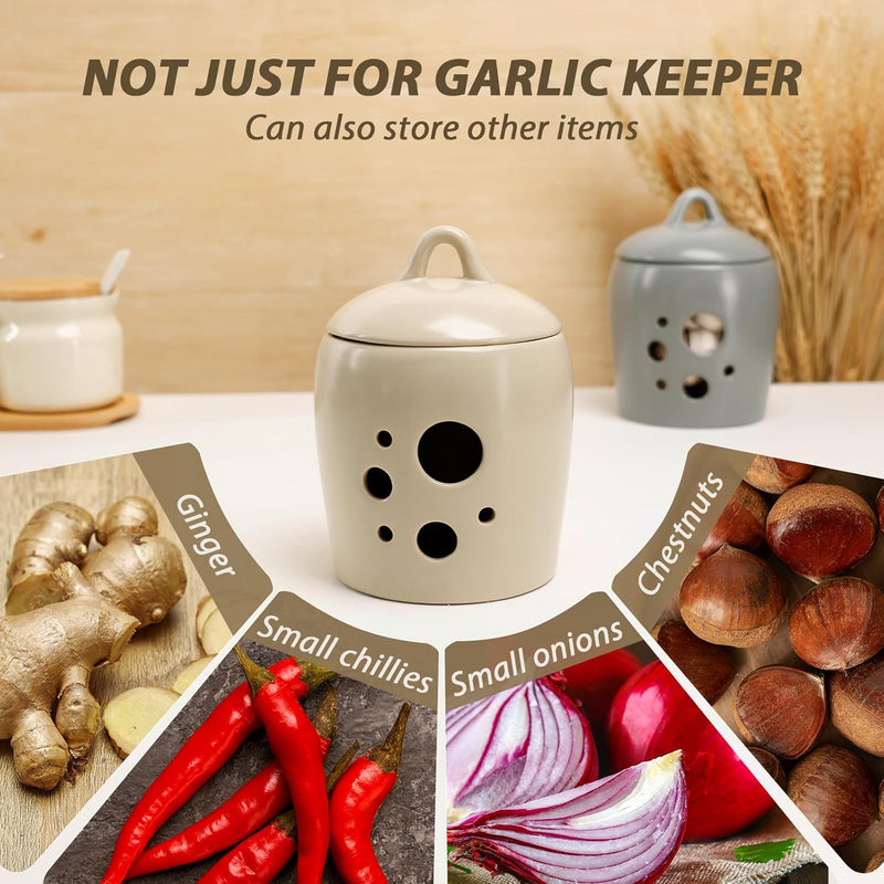 BosilunLife Garlic Keeper for Counter - Ceramic Garlic Storage Container with Lid Beige Garlic Holder Countertop for Kitchen Garlic Jar to Keep Your Garlic Cloves Fresh Longer