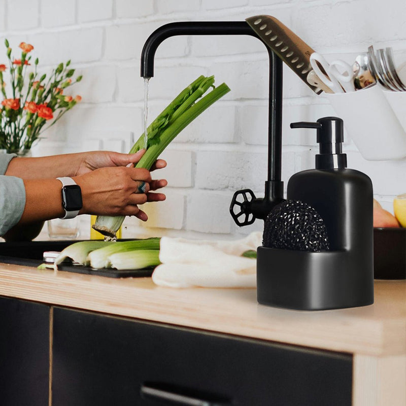 BosilunLife Dish Soap Dispenser - Black Ceramic Kitchen Soap Dispenser with Sponge Holder